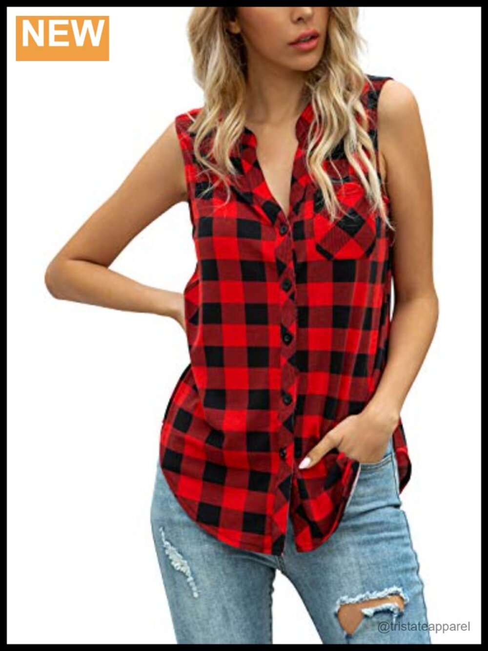 Plaid Sleeveless Tank Top Women's Soft High Stretch Button Down Blouse